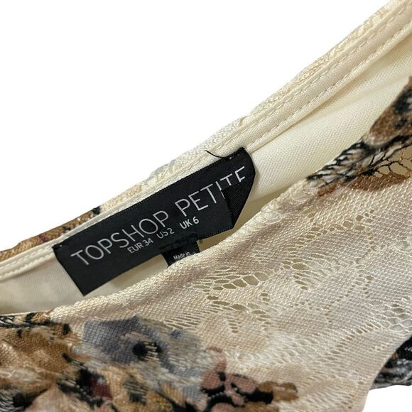 Topshop Black Brown Double V Floral Lace Woman's Mini Skater Dress - Picture 5 of 7